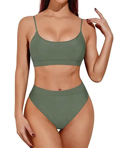 Retro swim sets with polka dot charm -High Cut Cheeky Two Piece High Waisted Bikini-Army Green