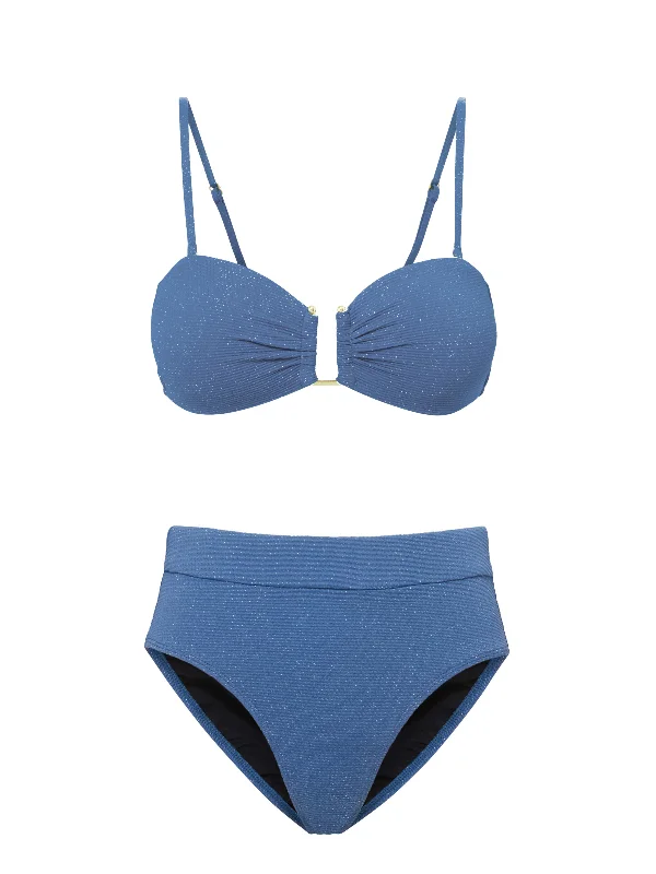 Designer swim sets with signature brand logos -Gina Top + Ring Trim Bottom in Steel Blue Metallic