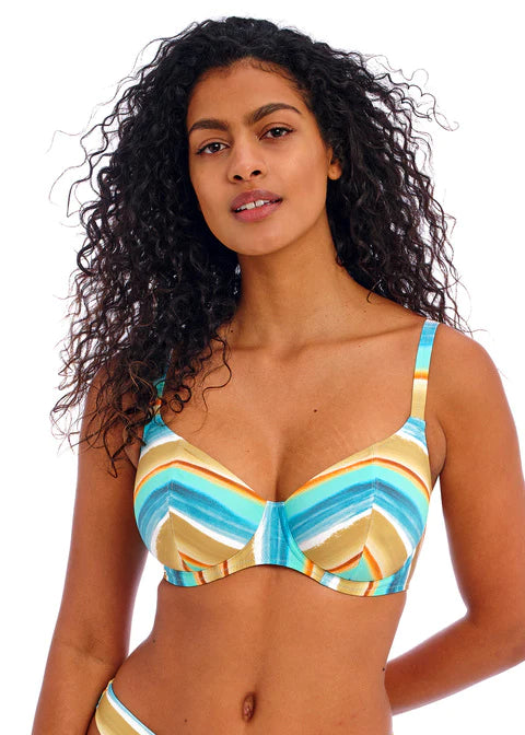 Convertible bikini for women with adjustable straps for different wearing styles -Castaway Island Plunge Bikini Top In Blue Multi