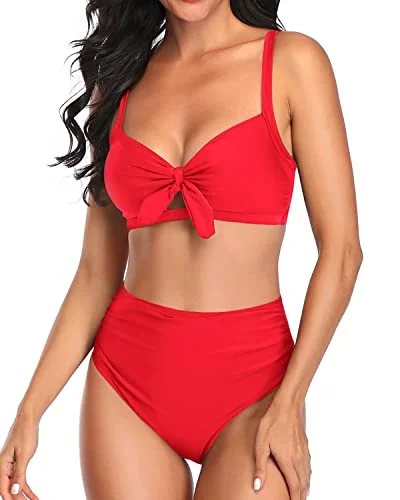 Soft swim sets for sensitive skin comfort -Cute Two Piece Bikini Set Tummy Control Ruched Bikini-Neon Red