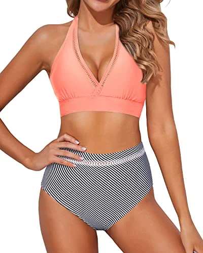 Affordable swim sets with fun pattern designs -Women's Bikini Sets Halter Padded Bra Two Piece Swimsuits-Coral Pink Stripe