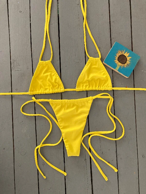 Neon tankini swim sets for vibrant energy -Yellow Double String Triangle Bikini Top