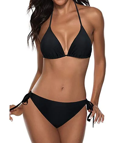 Classic swim sets for timeless beach essentials -Two Piece Halter Cheeky Triangle Bikini Bathing Suit-Black