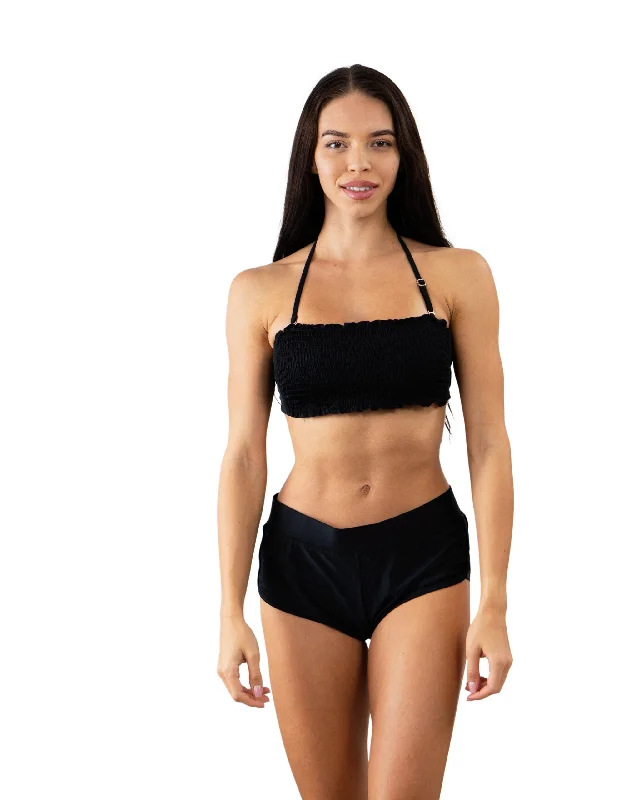 Fashionable swim pants for women with side tie details for a unique look -Solid Black Smocked Tie Back Bandeau Top