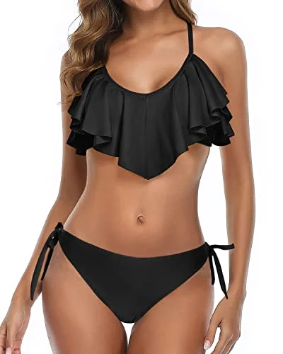 Bright bikini swim sets for fun vibes -Cross Back Bathing Suit Two Piece Flounce Bikini-Black