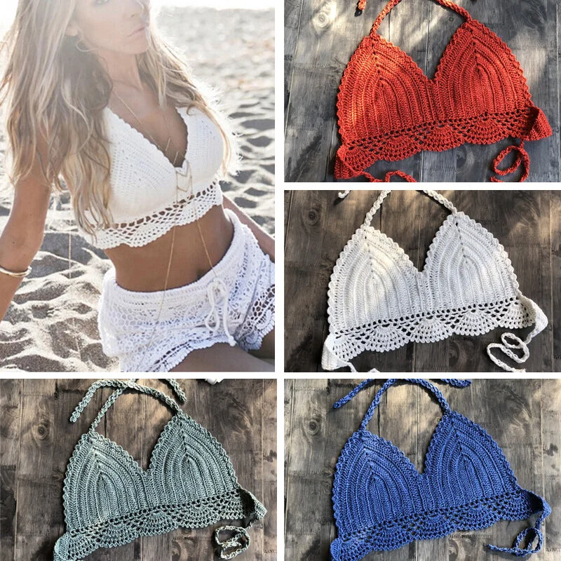 Bandeau bikini for women with strapless top and chic, sleek design -2019 New Bikini Top Handmade Crochet Women Boho Beach Bralette Solid Halter Knitted Swimsuit Brazilian Bikinis Bathing Suit Top