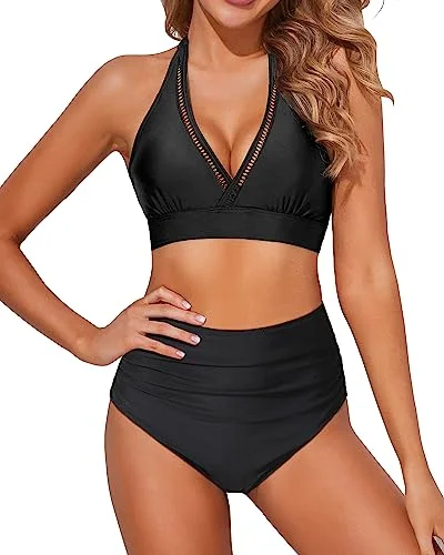 Padded swim sets for enhanced bust support -Women's High Waisted Two Piece Swimsuits Halter Tummy Control Bikini Sets