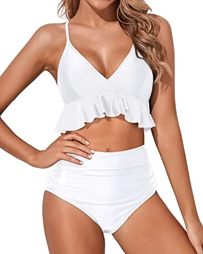 Affordable swim sets with fun pattern designs -Women's Feminine Flounce Hemline Bikini-White