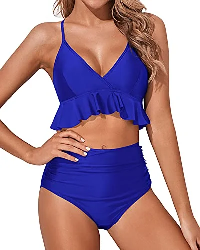 Soft high-neck swim sets for gentle wear -Flattering High Waisted Two Piece Tummy Control Bikini For Women-Royal Blue