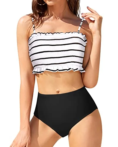 Strapless bikini swim sets for sun-kissed glow -Removable Padded Bandeau Bikini Set High Waisted Bottoms-Black And White Stripe