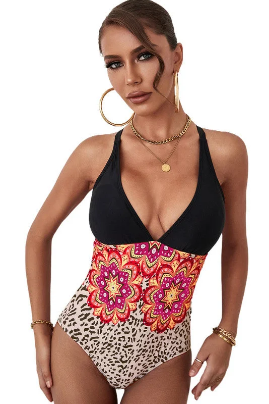 Classic swim sets for timeless beach essentials -Leopard Floral Criss Cross Deep V Neck One-piece Swimwear