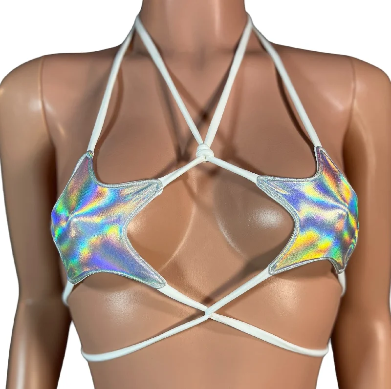 V-neck bikini for women with plunging neckline for added style and elegance -Star Micro String Bikini Top in Opal Holographic