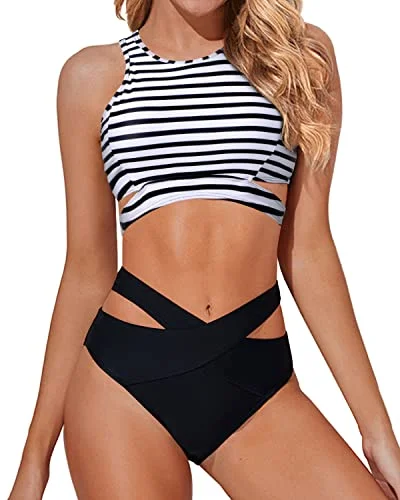 Classic black tankini swim sets for elegance -Cutout High Neck Criss Cross Bandage Two Piece Bikini Set For Women-Black And White Stripe