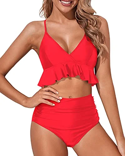 Sporty swim sets for competitive swimming needs -Two Piece Charming Deep V Neck Tummy Control Bikini Set-Neon Red