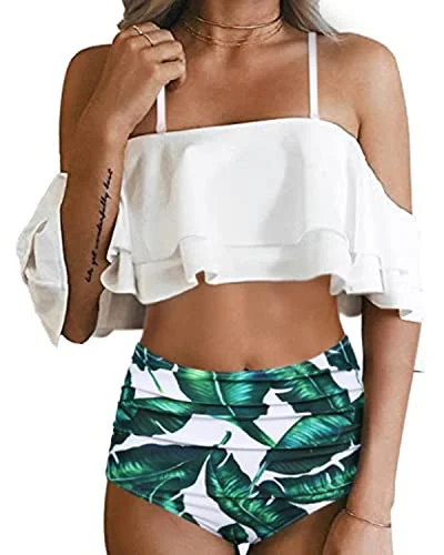 Bright swim sets for standout beach flair -Fashionable Off Shoulder Tummy Control Bikini Set-White Leaf