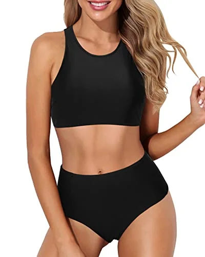 Strapless swim sets for seamless tan lines -Athletic Crop Top Sporty High Waisted Bikini Set-Black