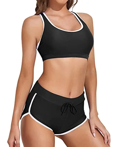 Retro bikini swim sets for nostalgic cool -Women Racerback Crop Top Shorts Bathing Suits-Black And White