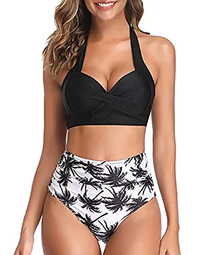 Stylish bikini swim sets for summer beach outings -Flattering Pleated Front Panel Vintage High Waisted Bikini-Black Palm Tree