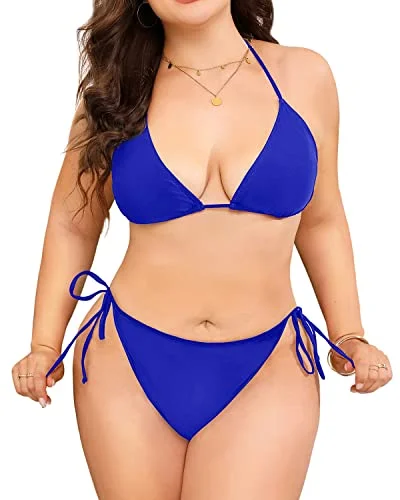 Durable swim sets for saltwater durability -Adjustable Tie-Side Plus Size String Triangle Bikini For Women-Royal Blue