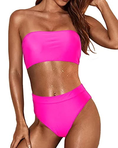 Affordable swim sets with trendy cutout designs -Removable Padding Bra Bikini Women Two Piece Bandeau Swimsuit-Neon Pink