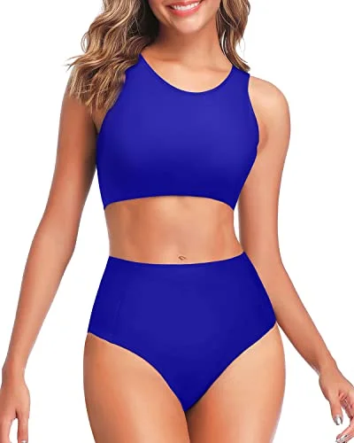 Sporty tankini swim sets for active swimmers -Tummy Control Scoop Neck High Waisted Bikini Set-Royal Blue