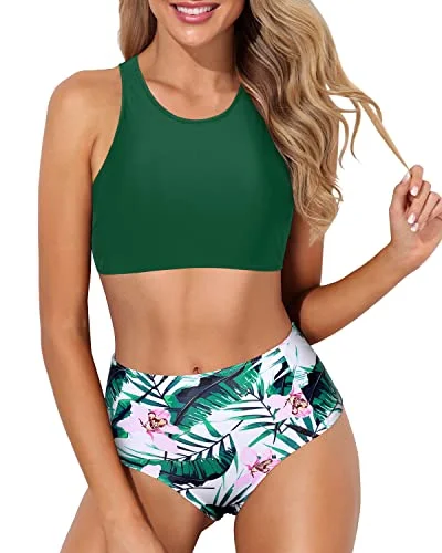 High-neck bikini swim sets for sleek coverage -Full Coverage High Neck Racerback Two Piece Bikini Set-Green Tropical Floral