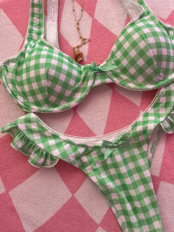 Strapless bikini swim sets for strap-free look -Green Gingham Extra Support Bikini Top