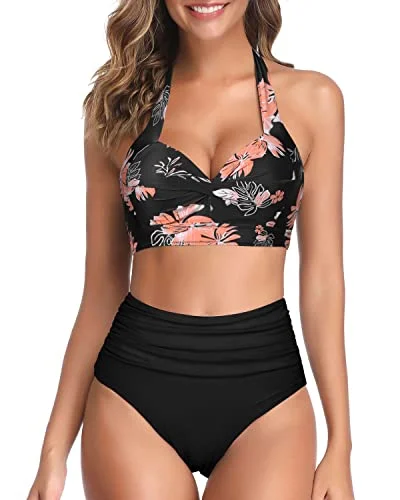 Lightweight swim sets for quick-drying swim comfort -Two Piece Highwaist Bikini Adjustable Clasp Hook Closure Bathing Suit-Black Orange Floral