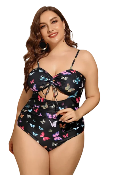 High-neck swim sets for modest chic coverage -Plus Size Butterfly Printed Swimwear