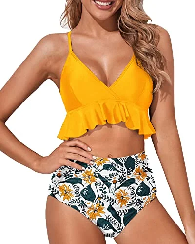 Luxury tankini swim sets for resort glamour -Women's Charming Ruched Bottom Bikini Swimsuit-Yellow Floral