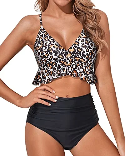 Cute halter swim sets for youthful style -Padded Push Up Ruffle High Waisted Bikini Ruched-Black And Leopard