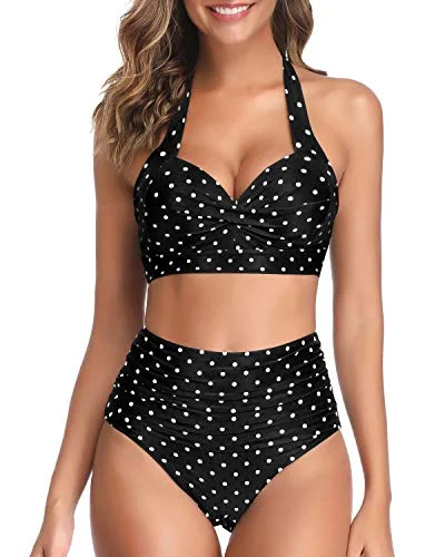 Vibrant floral swim sets for bold beach looks -Adjustable Self-Tie Halter Neck Vintage High Waisted Bikini-Black Dot