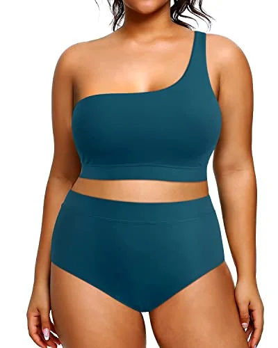 Luxury swim sets with gold accent details -Plus Size High Waisted One Shoulder Bikini 2 Piece Swimsuits