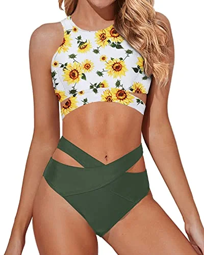 Ruffled halter swim sets for flirty appeal -Flattering Racerback Zipper Tank Top Two Piece High Neck Bikini Set-Sunflower