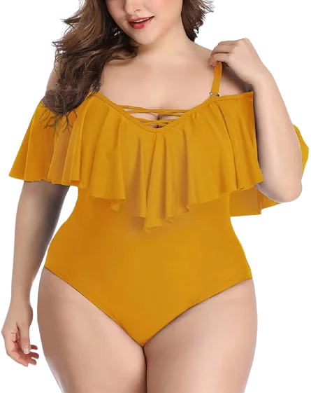 Supportive tankini swim sets for active pool days -Plus Size Swimwear Yellow Color Ruffled One-piece Set Off-the-shoulder