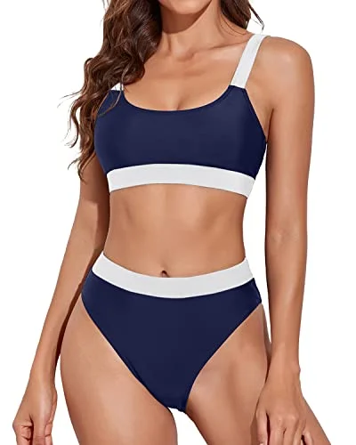 Soft bikini swim sets for all-day wear -Women High Rise Athletic Bathing Suits Sporty Scoop Neck Bikini-Navy Blue And White