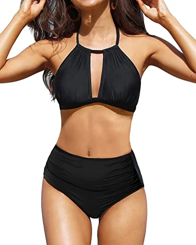 Neon tankini swim sets for vibrant energy -Striped Halter High Waisted Bikini Keyhole Bathing Suits-Black