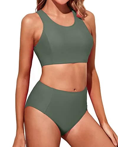 Bright neon swim sets for eye-catching style -Two Piece Bikini Set Stylish Design For Teen Girls-Army Green