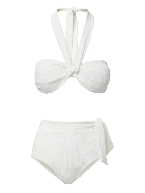 Sporty swim sets for competitive swimming needs -Loryn Top + Side Tie High Waist Bottom in Ivory Texture