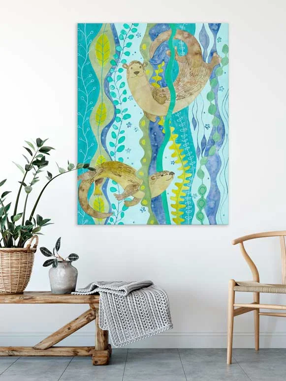 Checkered One-Pieces for Trend -Swimming Otters Canvas Wall Art