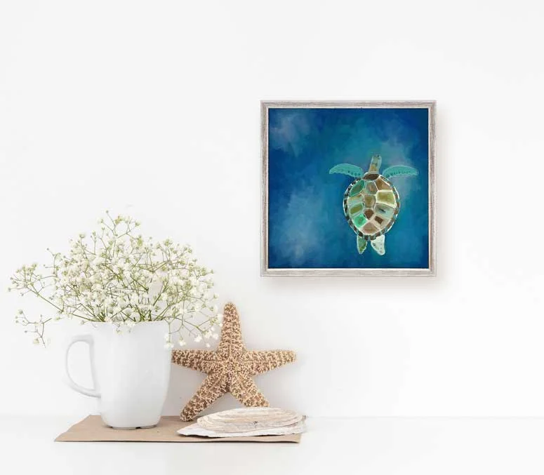 Geometric One-Pieces for Design -Swimming Sea Turtle Mini Framed Canvas