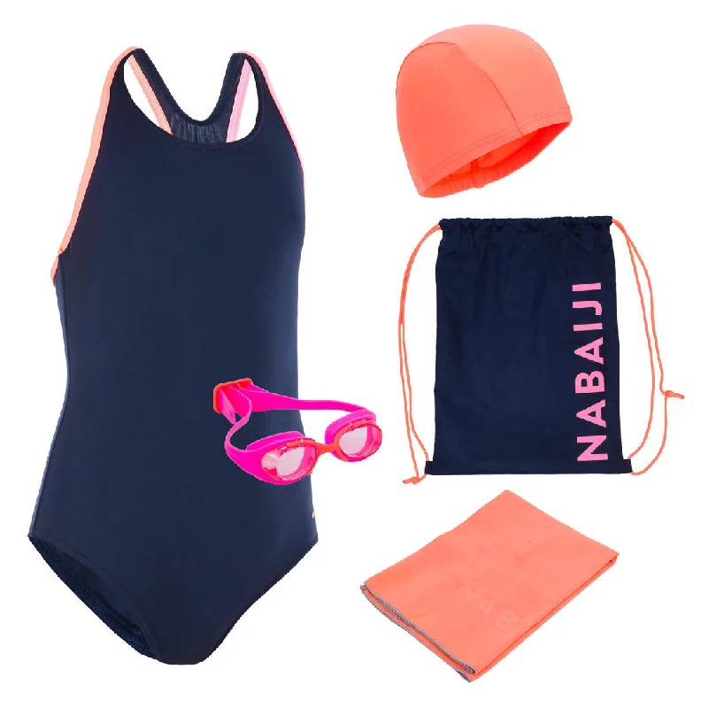 Denim One-Pieces for Durable -Girls' Swimming Set 100 START: swimming trunks, goggles, cap, towel, bag