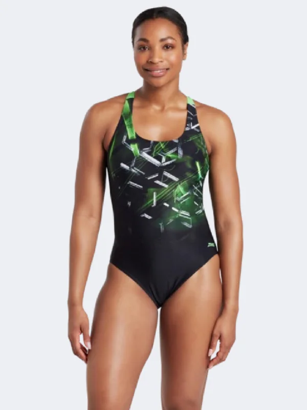 Floral One-Pieces with Petals -Zoggs Actionback Women Swim Monokini Black/Green