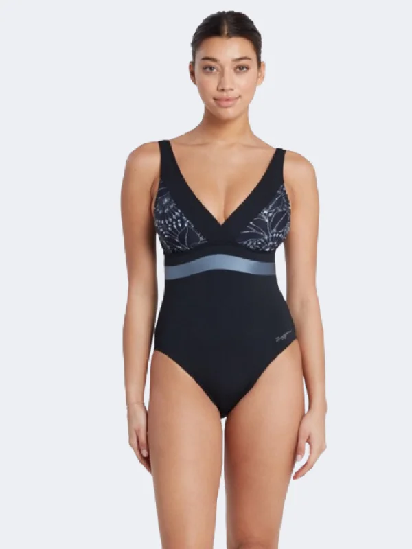 Printed One-Pieces with Patterns -Zoggs Square Back Panel Women Swim Monokini Black/Steel/Grey