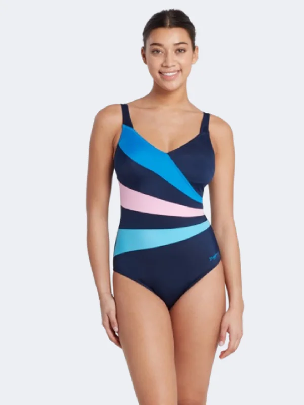 Striped One-Pieces for Style -Zoggs Wrap Panel Classicback Women Swim Monokini Navy Blue/Pink